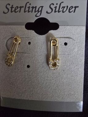 Gold Safety Pin Hoop Earrings with Clear Crystals - Kids Accessories Jewelry